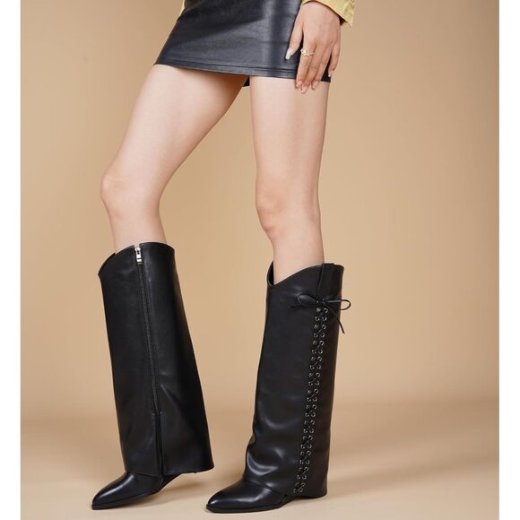 Women Faux Leather Black-11 Pull-on Wedge Heel Knee Shark Padlock Design Boot - Picture 6 of 6